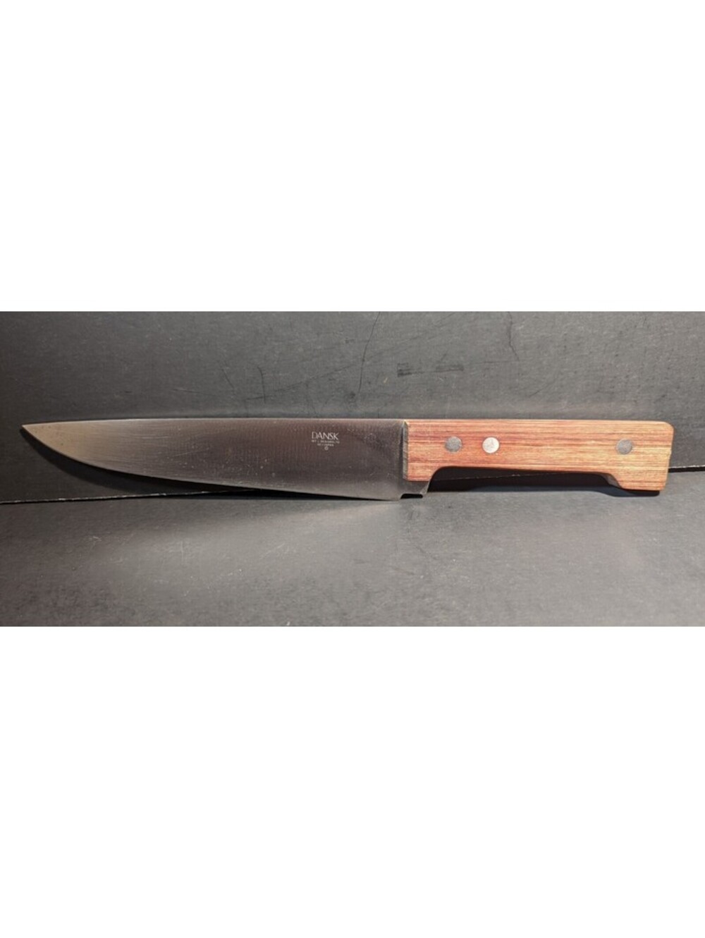 Dansk 8" chef knife stainless steel 3 rivet teak wood handle mid century modern